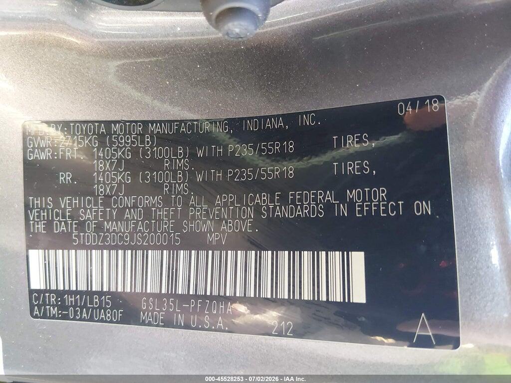 5TDDZ3DC9JS200015 2018 TOYOTA SIENNA photo no. 9