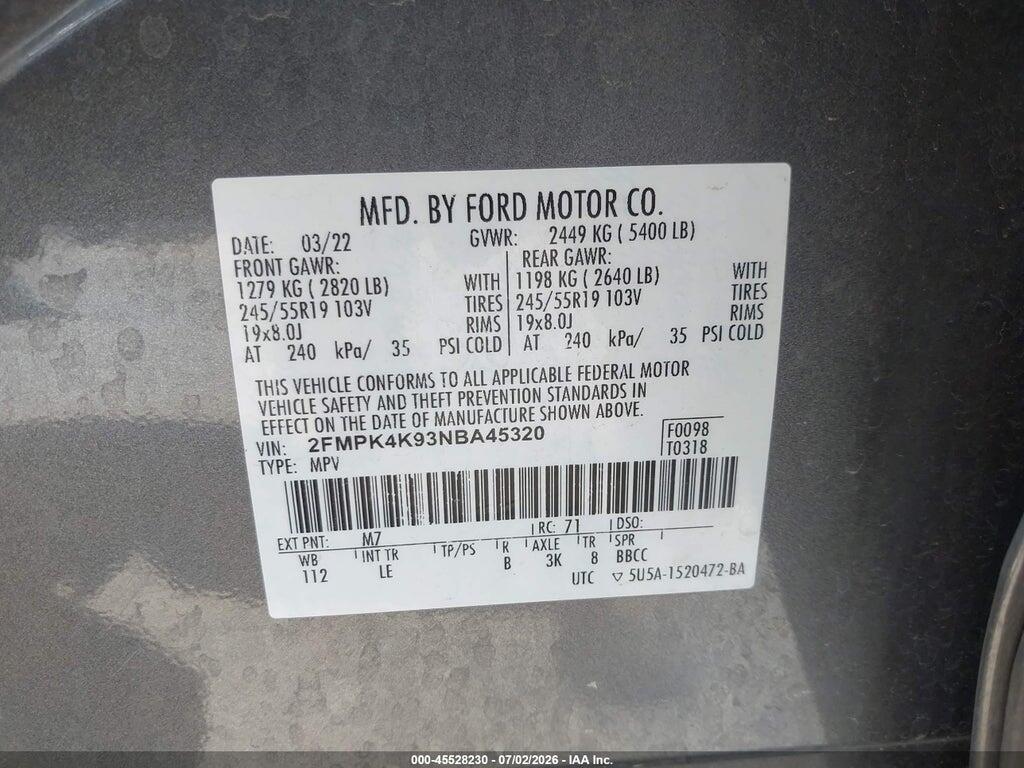 2FMPK4K93NBA45320 2022 FORD EDGE photo no. 9
