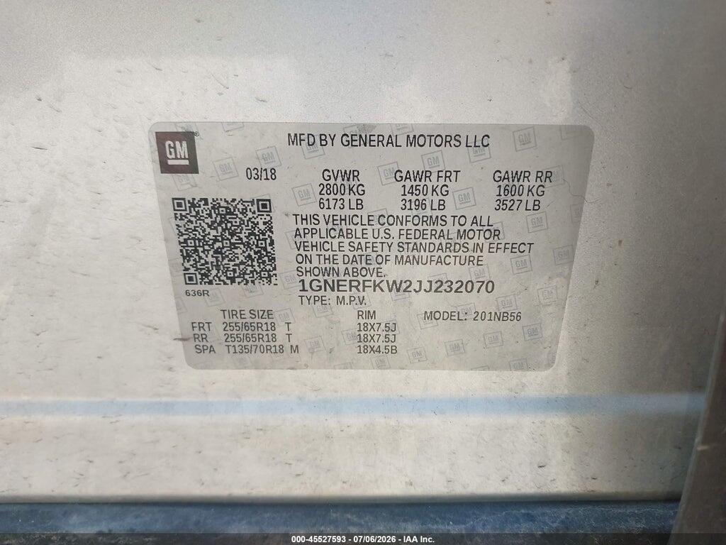 1GNERFKW2JJ232070 2018 CHEVROLET TRAVERSE photo no. 9