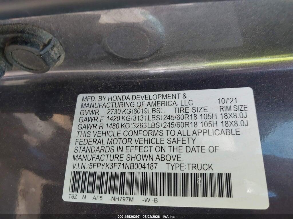 5FPYK3F71NB004187 2022 HONDA RIDGELINE photo no. 9