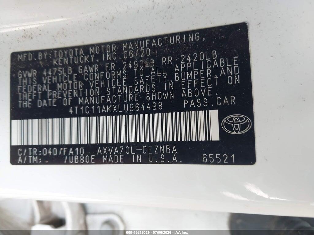 4T1C11AKXLU964498 2020 TOYOTA CAMRY photo no. 9