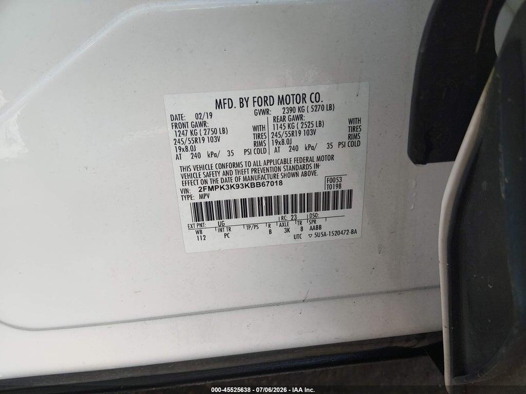 2FMPK3K93KBB67018 2019 FORD EDGE photo no. 9