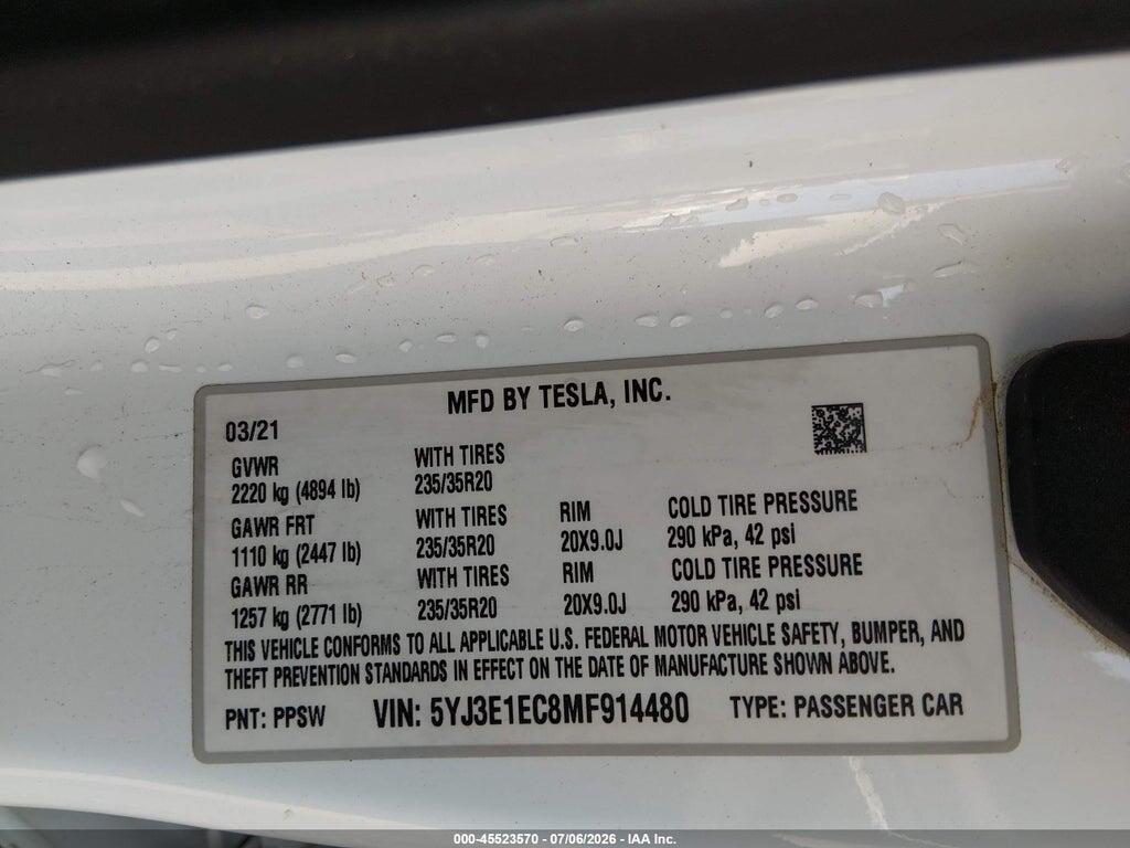 5YJ3E1EC8MF914480 2021 TESLA MODEL 3 photo no. 9