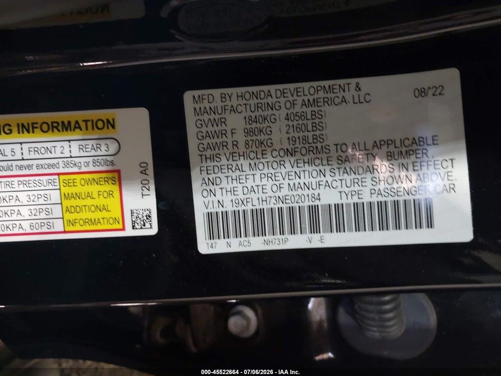 19XFL1H73NE020184 2022 HONDA CIVIC photo no. 9