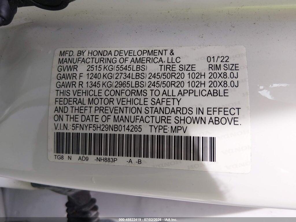 5FNYF5H29NB014265 2022 HONDA PILOT photo no. 9