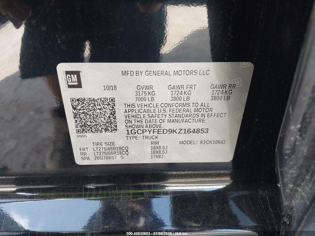 1GCPYFED9KZ164853 2019 CHEVROLET SILVERADO 1500 photo no. 9
