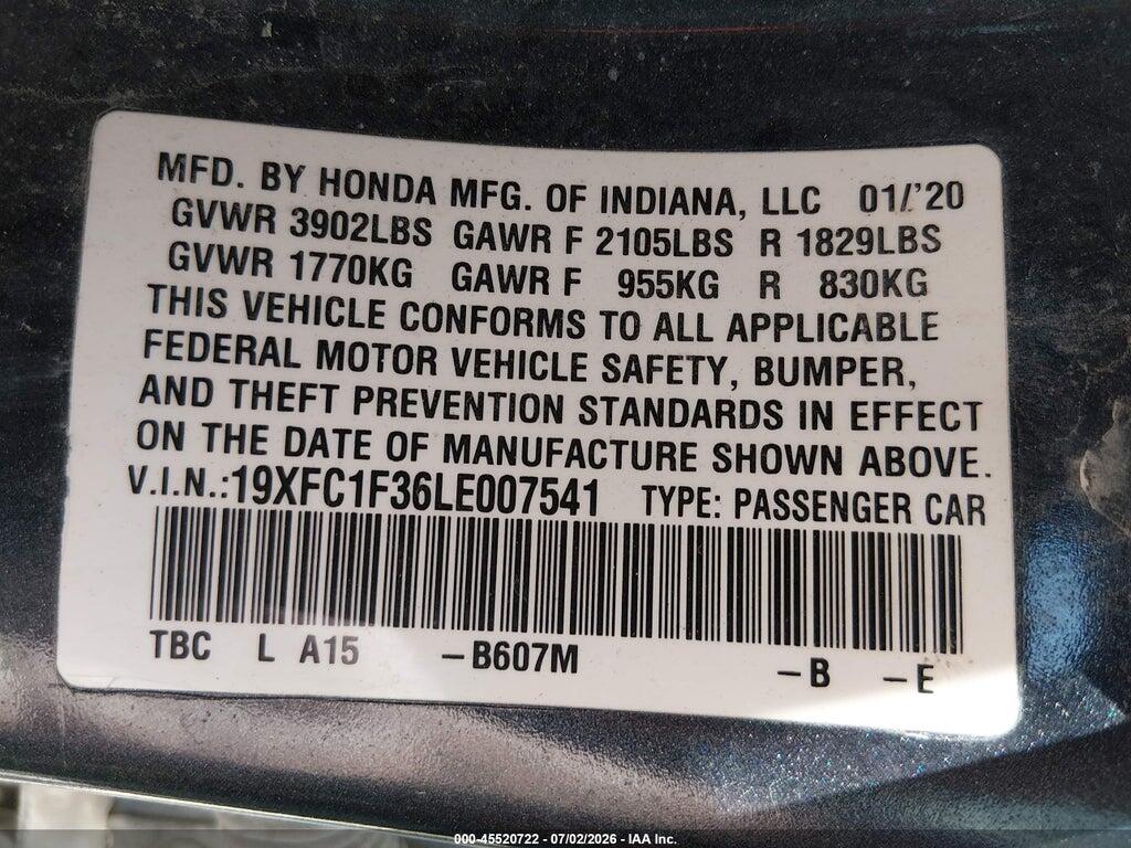 19XFC1F36LE007541 2020 HONDA CIVIC photo no. 9