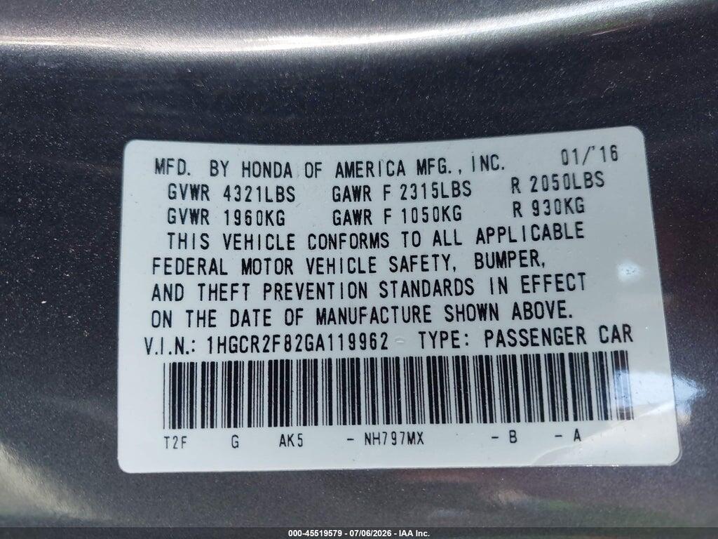 1HGCR2F82GA119962 2016 HONDA ACCORD photo no. 9