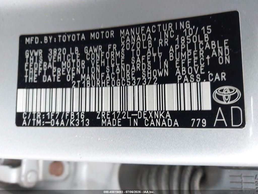 2T1BURHE0GC537372 2016 TOYOTA COROLLA photo no. 9
