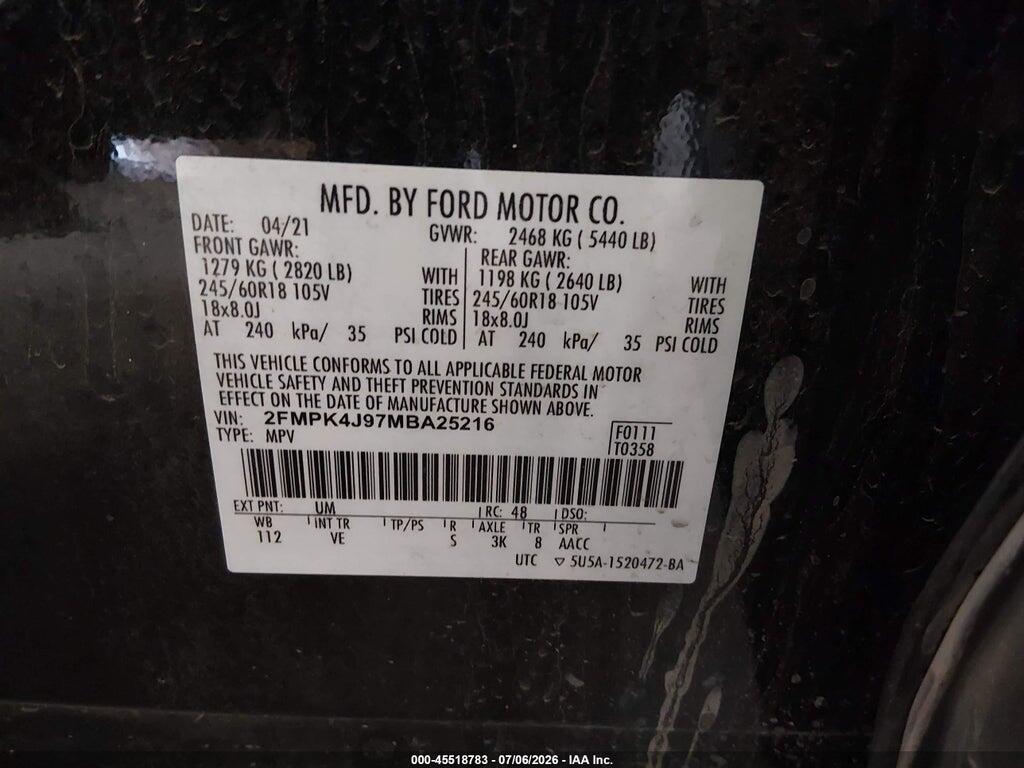 2FMPK4J97MBA25216 2021 FORD EDGE photo no. 9