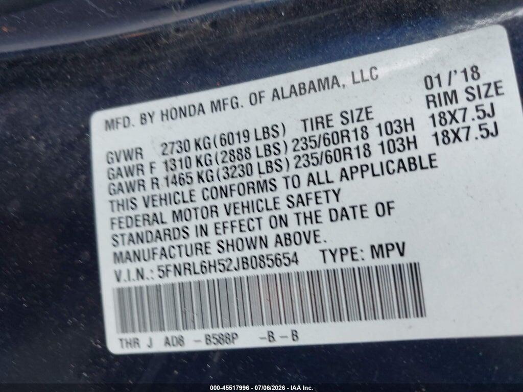 5FNRL6H52JB085654 2018 HONDA ODYSSEY photo no. 9