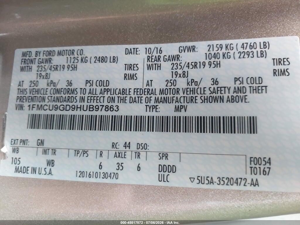 1FMCU9GD9HUB97863 2017 FORD ESCAPE photo no. 9