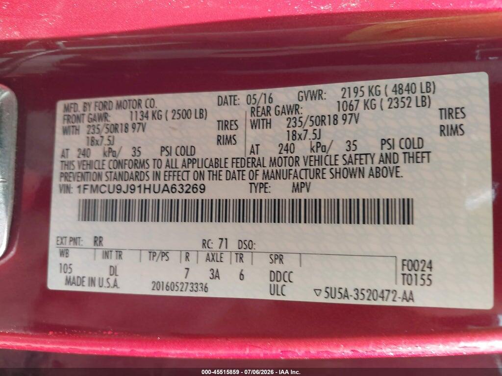 1FMCU9J91HUA63269 2017 FORD ESCAPE photo no. 9