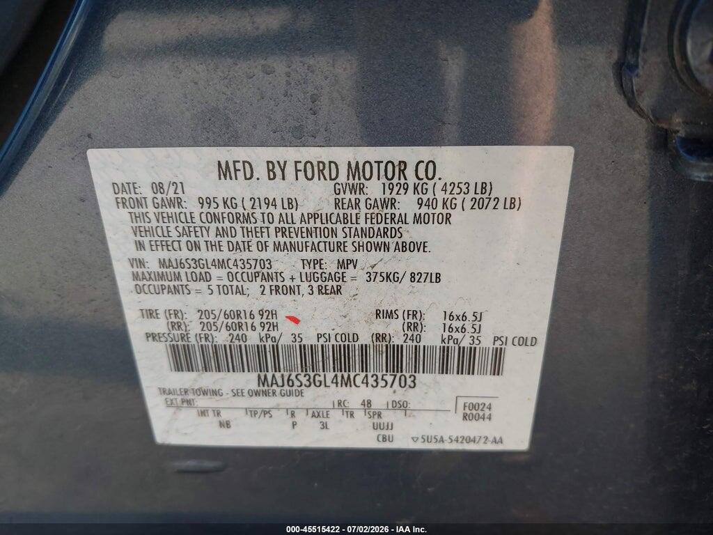MAJ6S3GL4MC435703 2021 FORD ECOSPORT photo no. 9