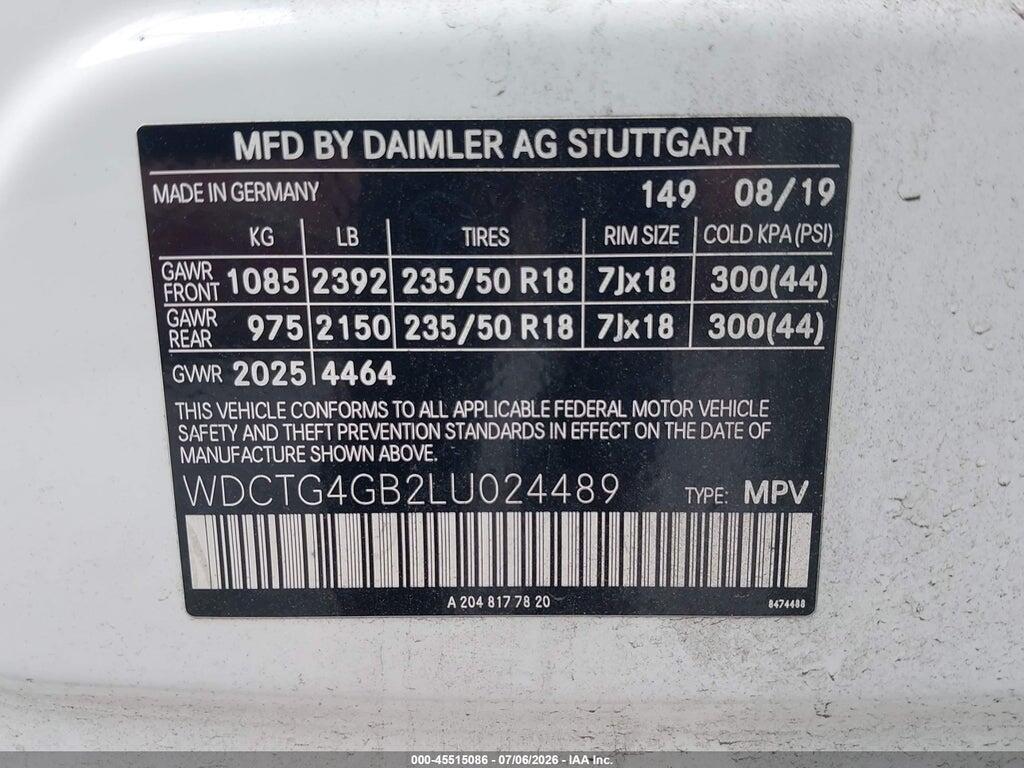 WDCTG4GB2LU024489 2020 MERCEDES-BENZ GLA 250 photo no. 9