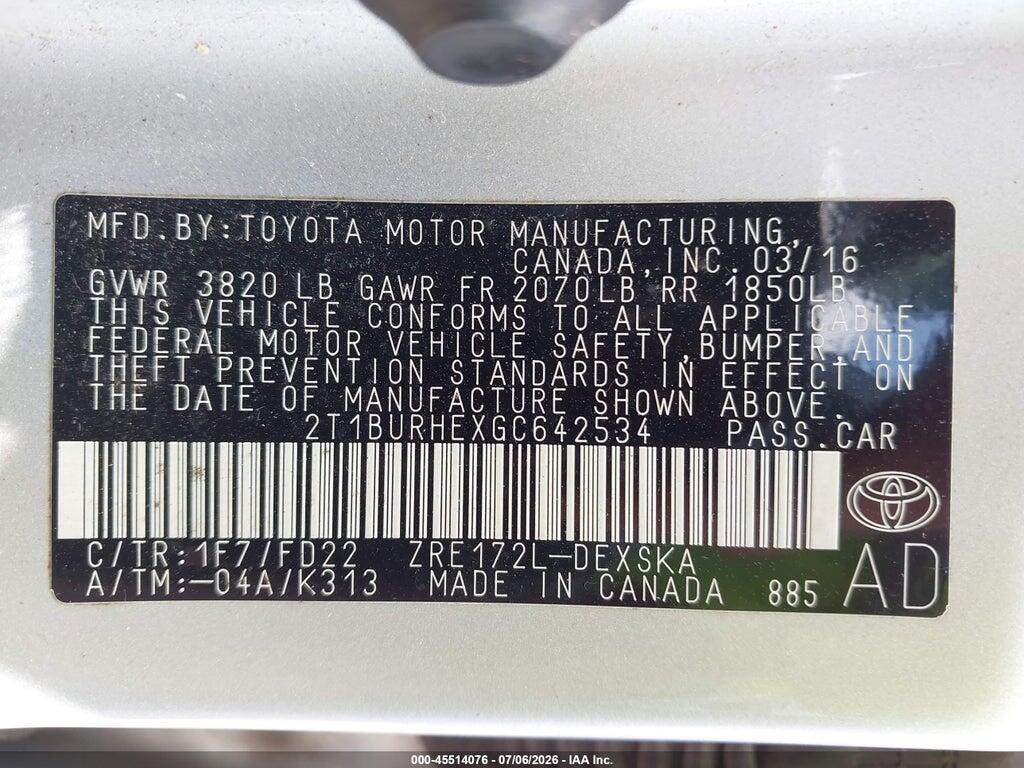 2T1BURHEXGC642534 2016 TOYOTA COROLLA photo no. 9