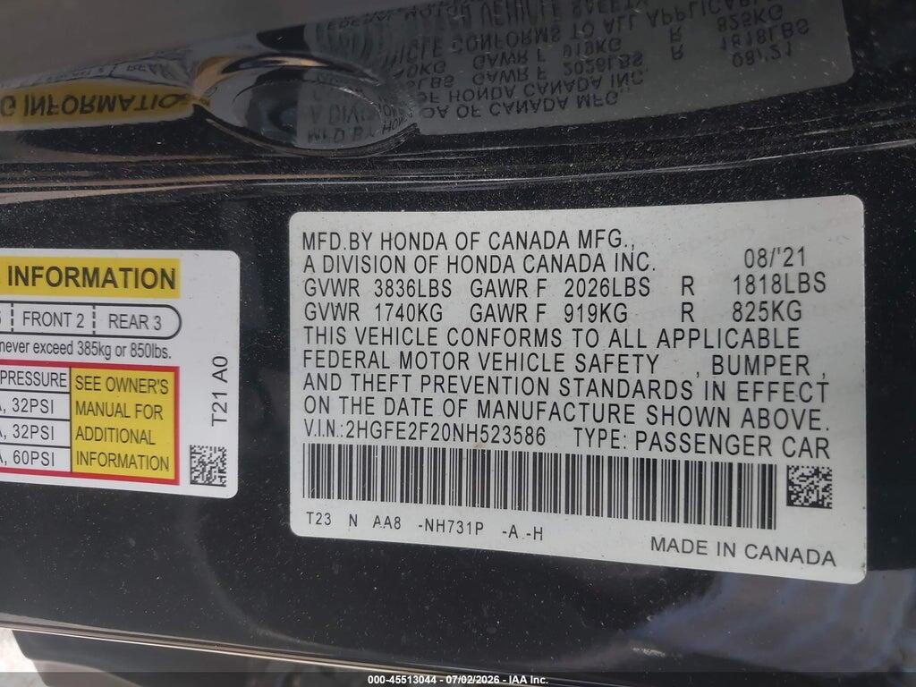 2HGFE2F20NH523586 2022 HONDA CIVIC photo no. 9