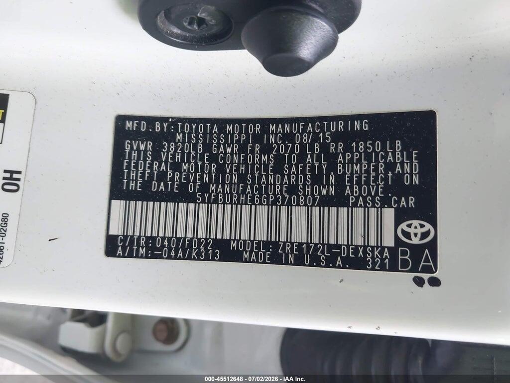 5YFBURHE6GP370807 2016 TOYOTA COROLLA photo no. 9