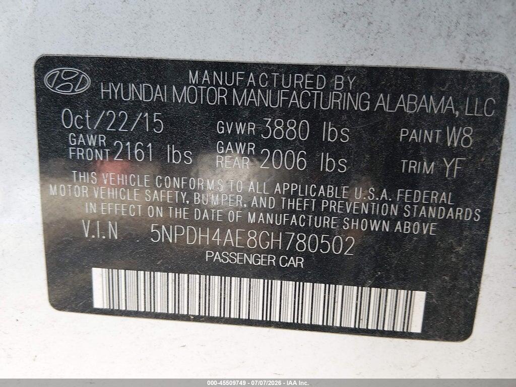 5NPDH4AE8GH780502 2016 HYUNDAI ELANTRA photo no. 9
