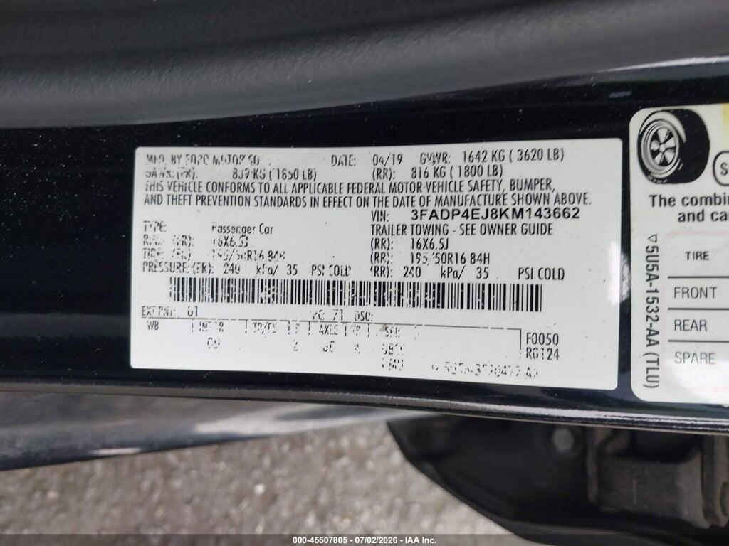 3FADP4EJ8KM143662 2019 FORD FIESTA photo no. 9