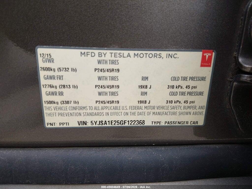 5YJSA1E25GF122368 2016 TESLA MODEL S photo no. 9