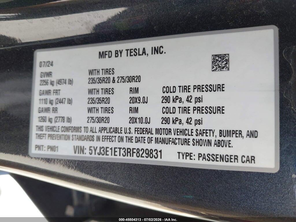 5YJ3E1ET3RF829831 2024 TESLA MODEL 3 photo no. 9