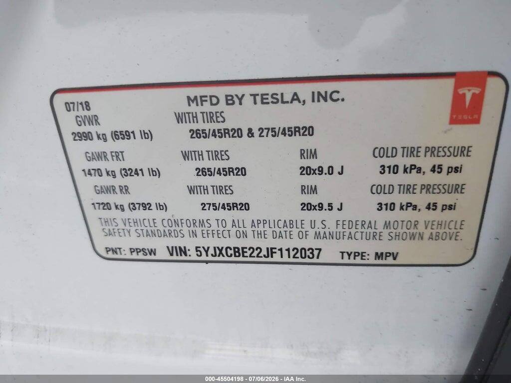 5YJXCBE22JF112037 2018 TESLA MODEL X photo no. 9