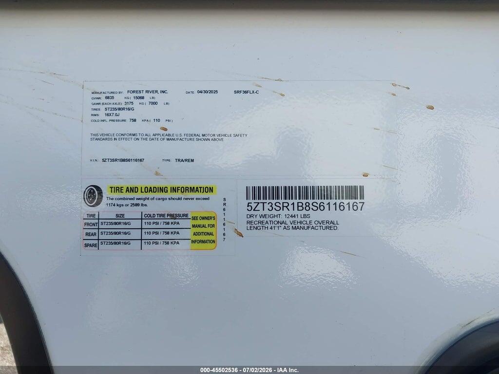 5ZT3SR1B8S6116167 2025 FOREST RIVER SABRE photo no. 9