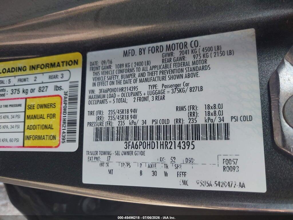 3FA6P0HD1HR214395 2017 FORD FUSION photo no. 9