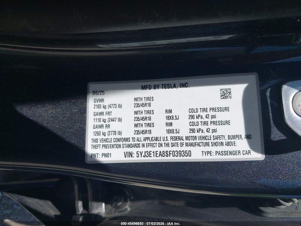 5YJ3E1EA8SF039350 2025 TESLA MODEL 3 photo no. 9