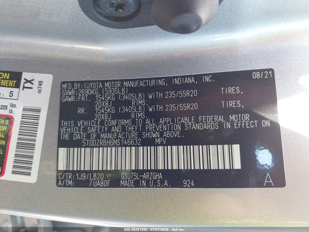 5TDDZRBH6MS146632 2021 TOYOTA HIGHLANDER photo no. 9