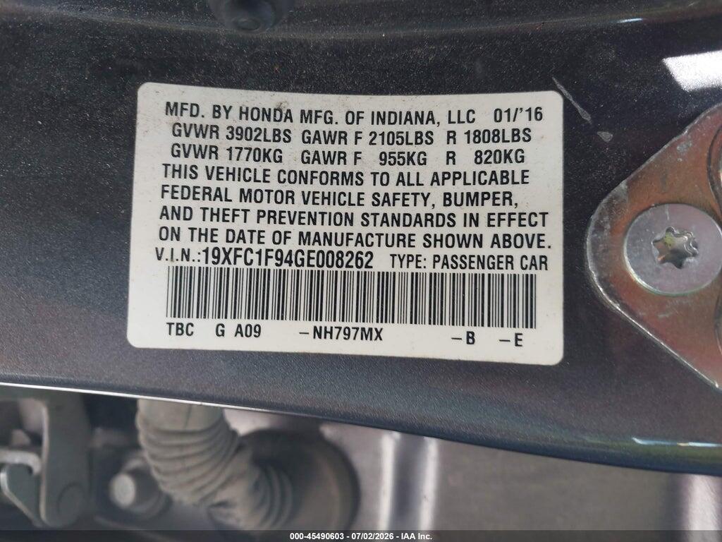 19XFC1F94GE008262 2016 HONDA CIVIC photo no. 9