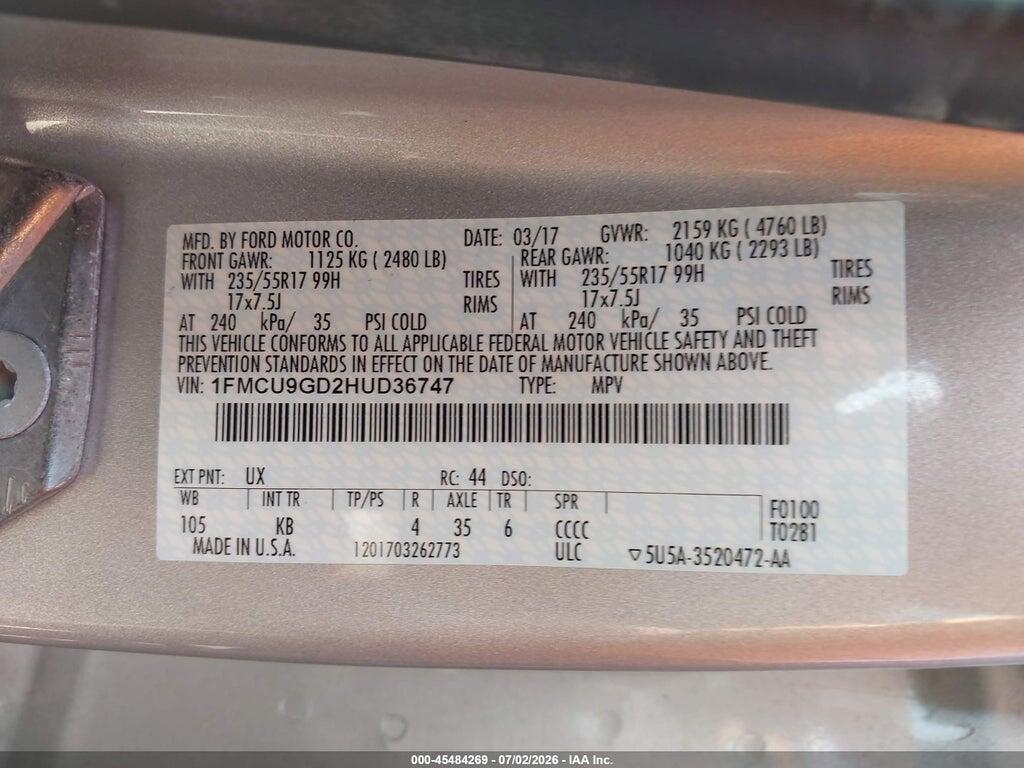 1FMCU9GD2HUD36747 2017 FORD ESCAPE photo no. 9