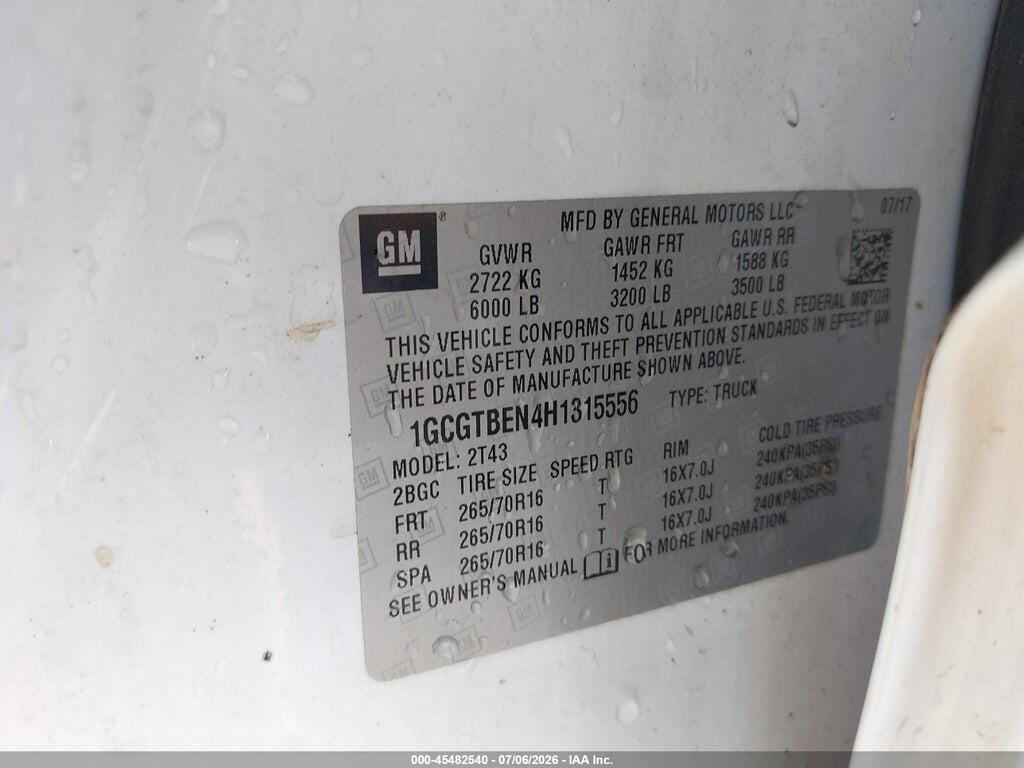 1GCGTBEN4H1315556 2017 CHEVROLET COLORADO photo no. 9