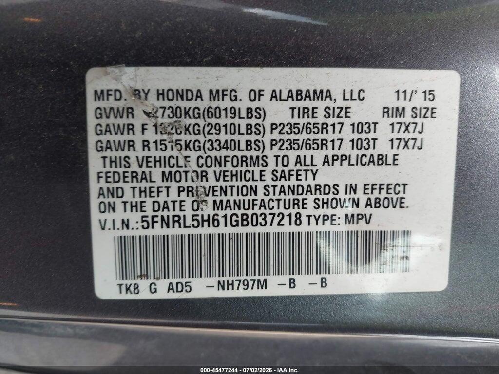 5FNRL5H61GB037218 2016 HONDA ODYSSEY photo no. 9