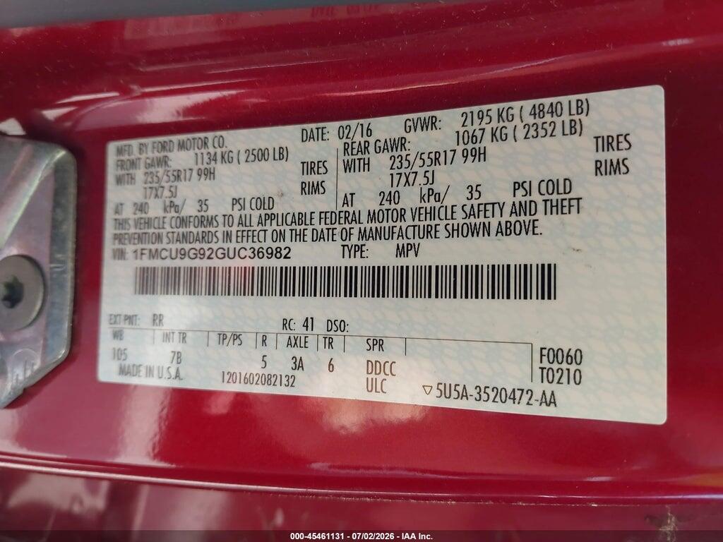 1FMCU9G92GUC36982 2016 FORD ESCAPE photo no. 9