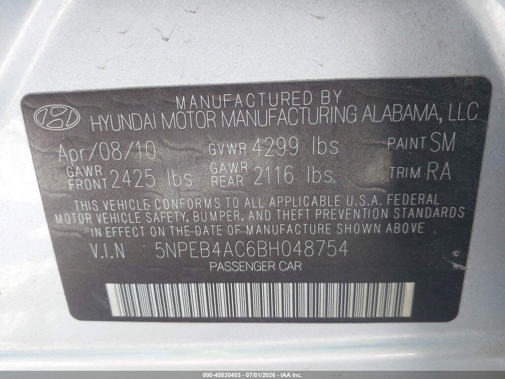 5NPEB4AC6BH048754 2011 HYUNDAI SONATA photo no. 9