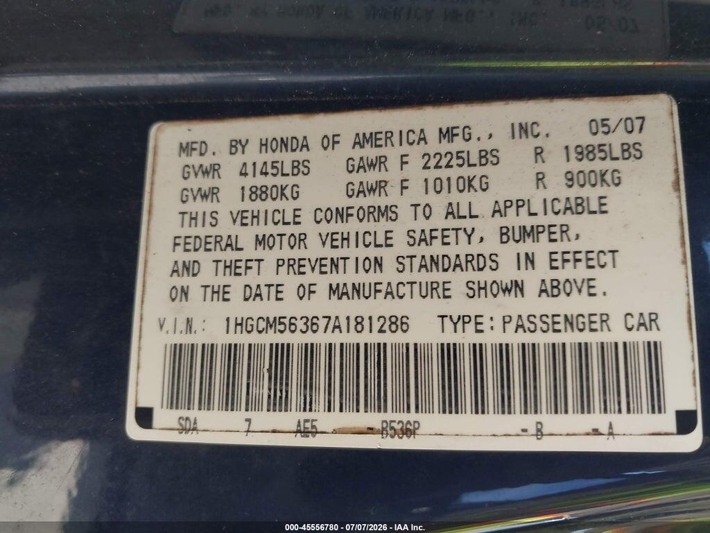 1HGCM56367A181286 2007 HONDA ACCORD photo no. 9
