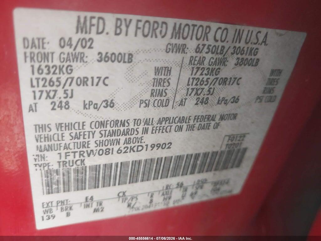 1FTRW08L62KD19902 2002 FORD F-150 photo no. 9