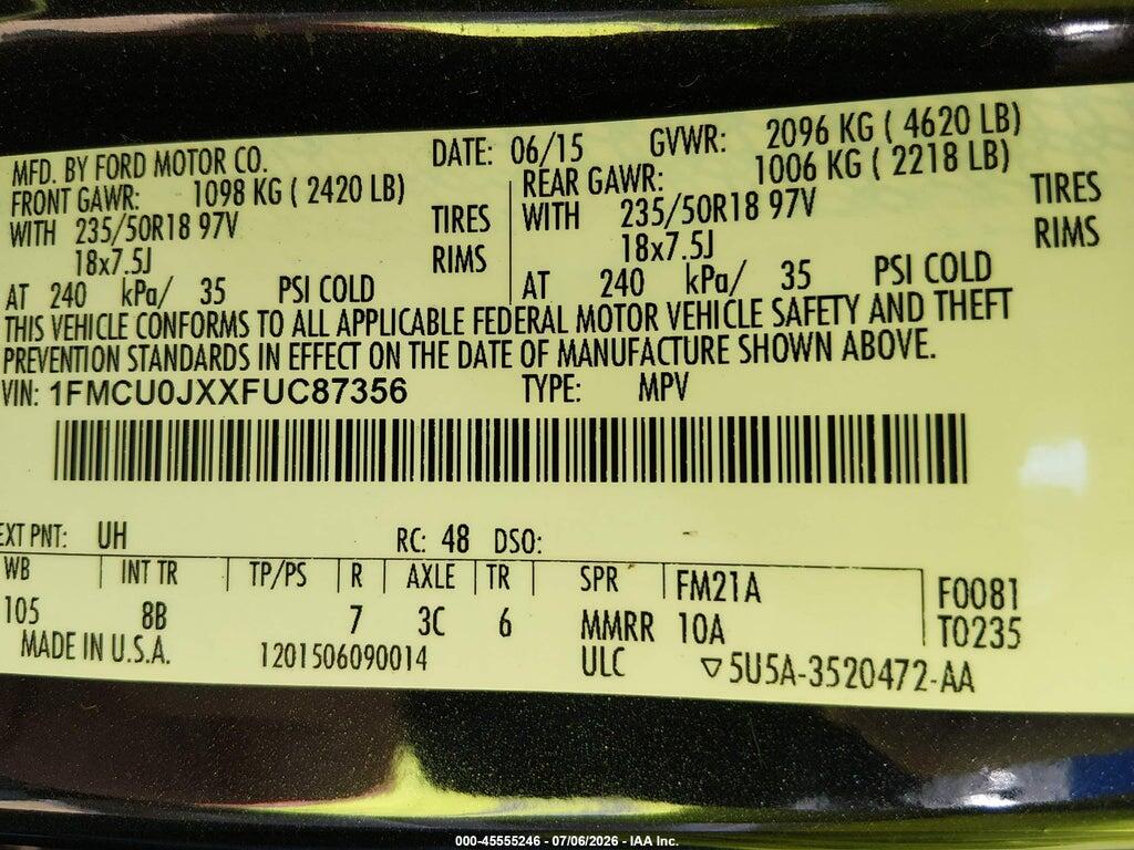 1FMCU0JXXFUC87356 2015 FORD ESCAPE photo no. 9