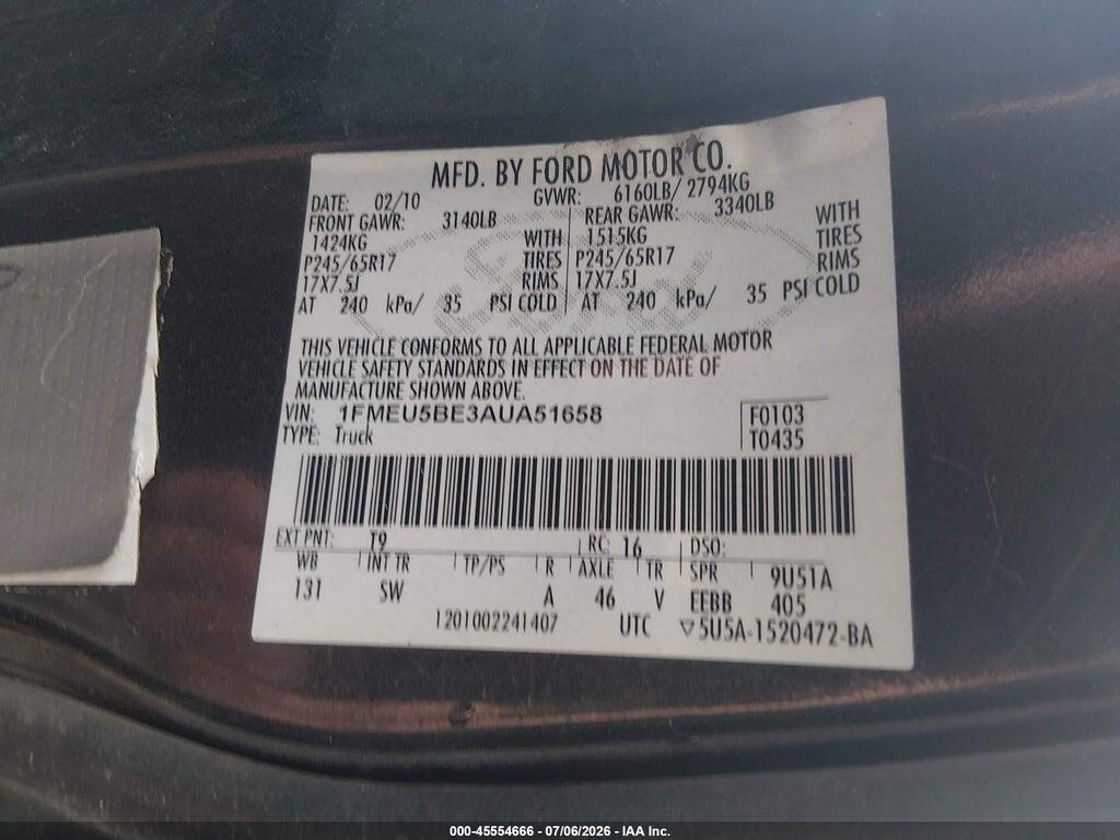 1FMEU5BE3AUA51658 2010 FORD EXPLORER SPORT TRAC photo no. 9