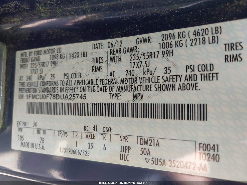 1FMCU0F78DUA25745 2013 FORD ESCAPE photo no. 9