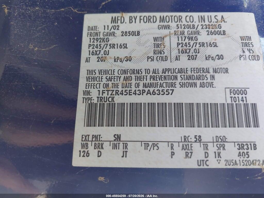1FTZR45E43PA63557 2003 FORD RANGER photo no. 9