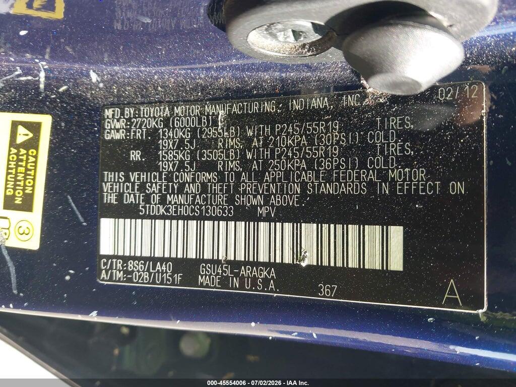 5TDDK3EH0CS130633 2012 TOYOTA HIGHLANDER photo no. 9