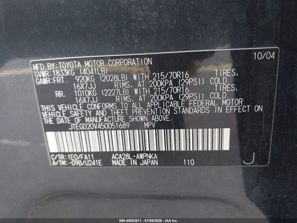 JTEGD20V450051689 2005 TOYOTA RAV4 photo no. 9
