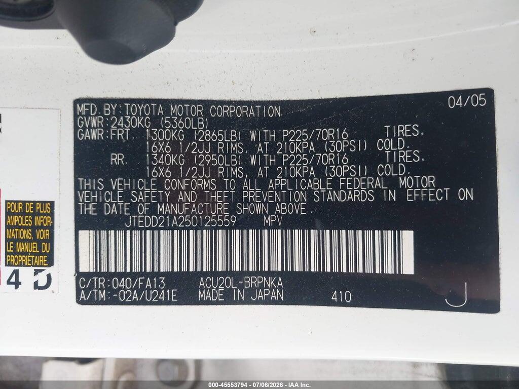 JTEDD21A250125559 2005 TOYOTA HIGHLANDER photo no. 9