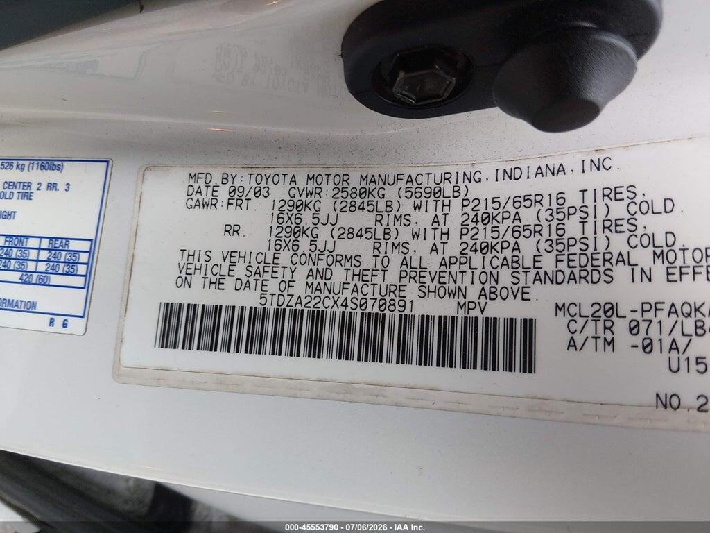 5TDZA22CX4S070891 2004 TOYOTA SIENNA photo no. 9