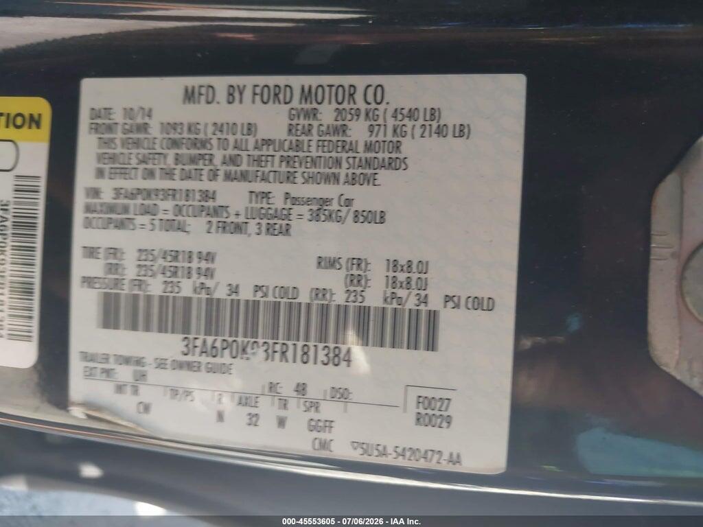 3FA6P0K93FR181384 2015 FORD FUSION photo no. 9