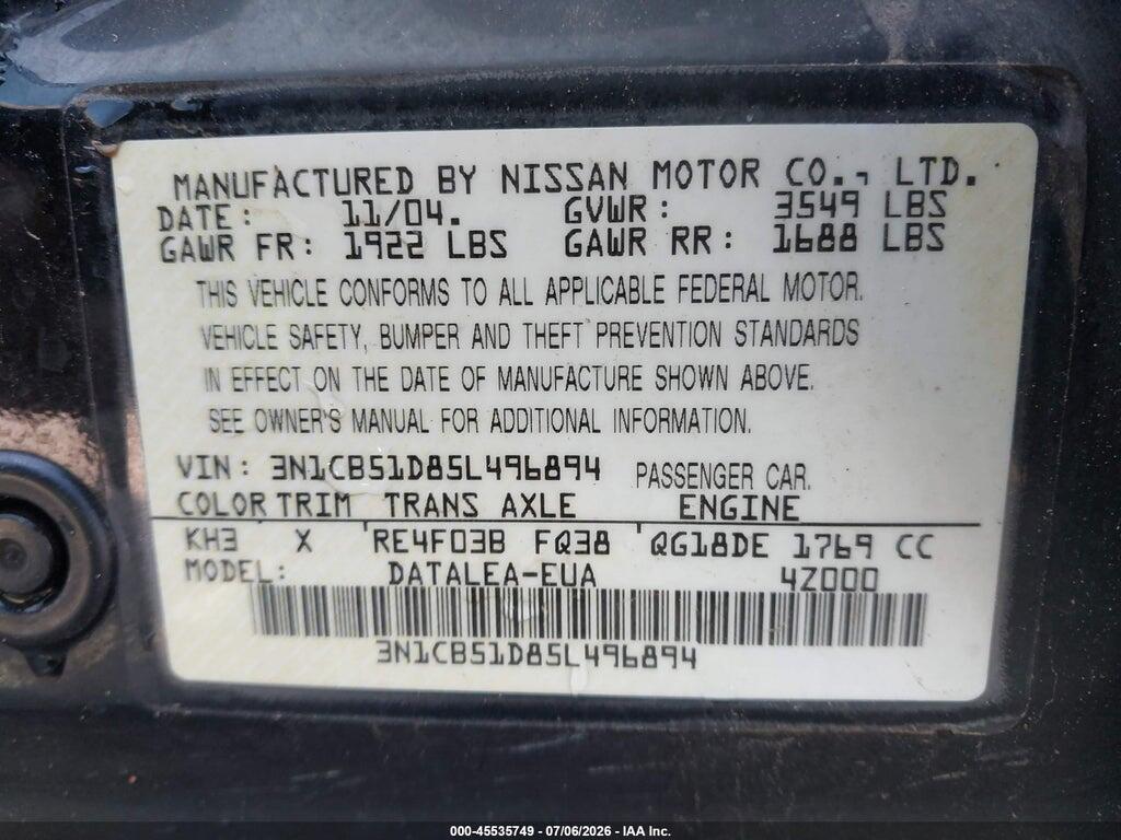 3N1CB51D85L496894 2005 NISSAN SENTRA photo no. 9