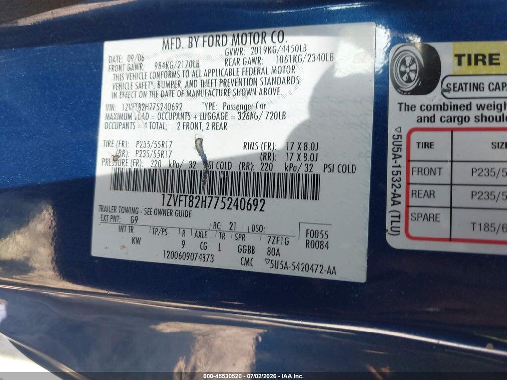 1ZVFT82H775240692 2007 FORD MUSTANG photo no. 9